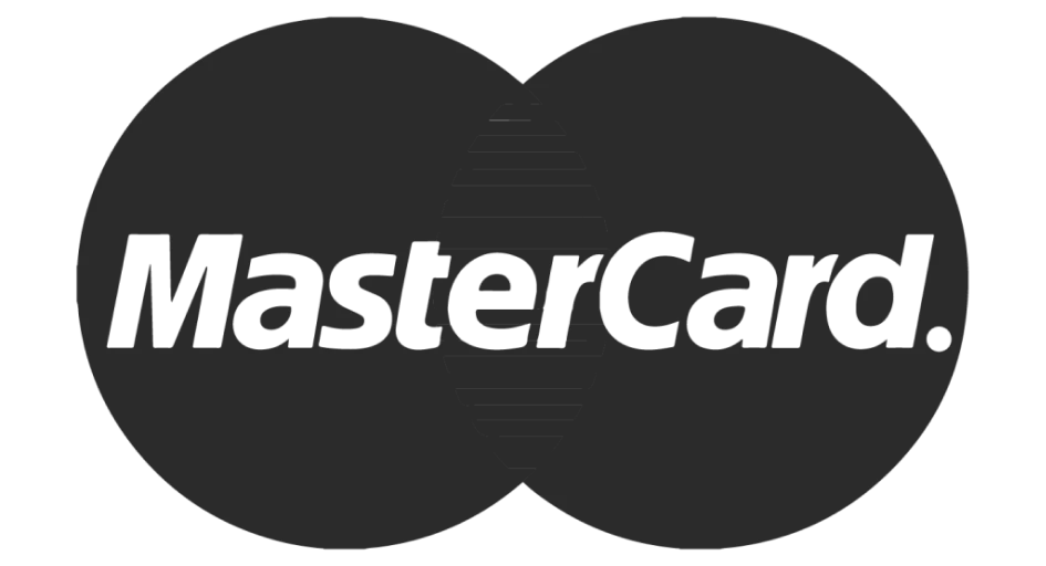 Mastercard logo with two overlapping dark gray circles and black text on a black background.